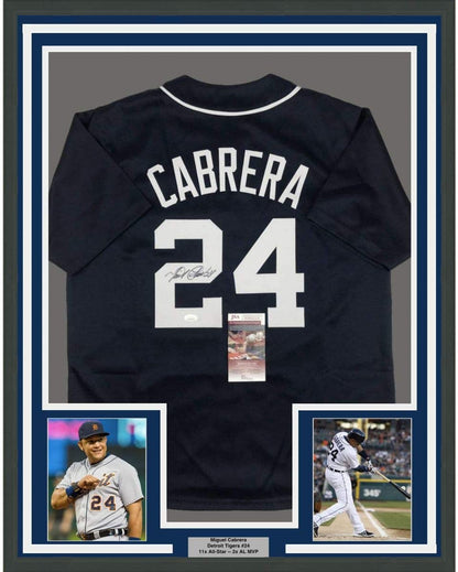 Framed Autographed/Signed Miguel Cabrera 35x39 Detroit Blue Baseball Jersey JSA COA