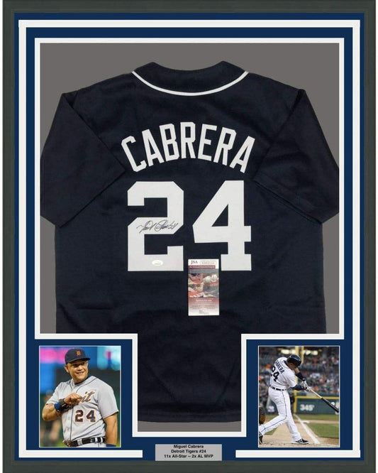 Framed Autographed/Signed Miguel Cabrera 35x39 Detroit Blue Baseball Jersey JSA COA