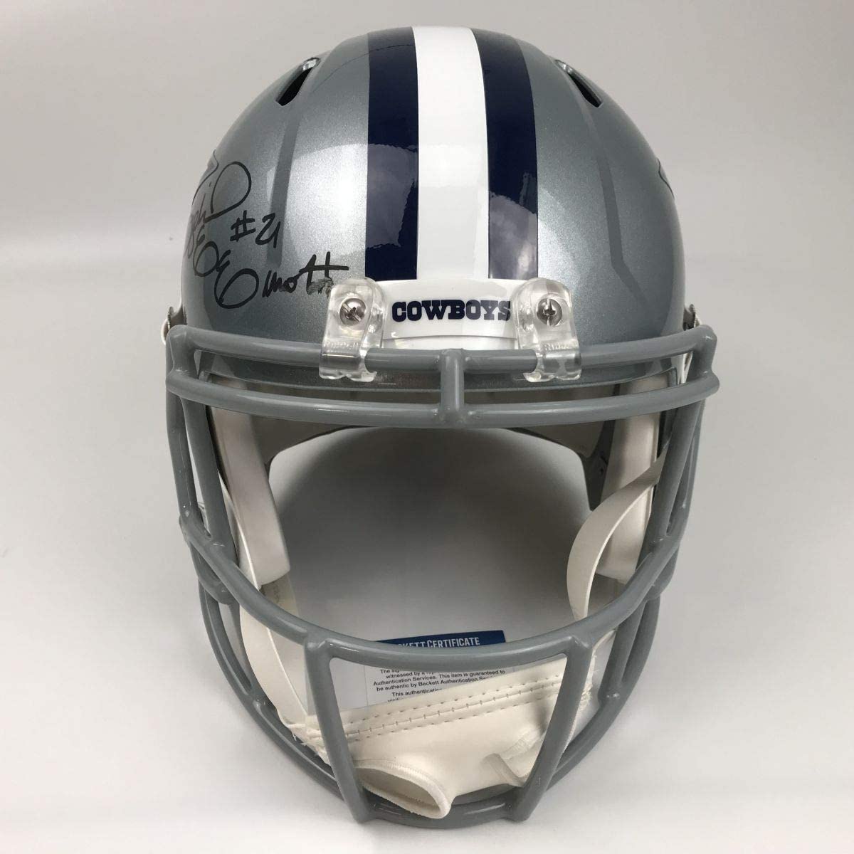 Autographed/Signed Ezekiel Elliott Imperfect Dallas Cowboys Full Size FS F/S Replica Football Helmet Beckett BAS COA