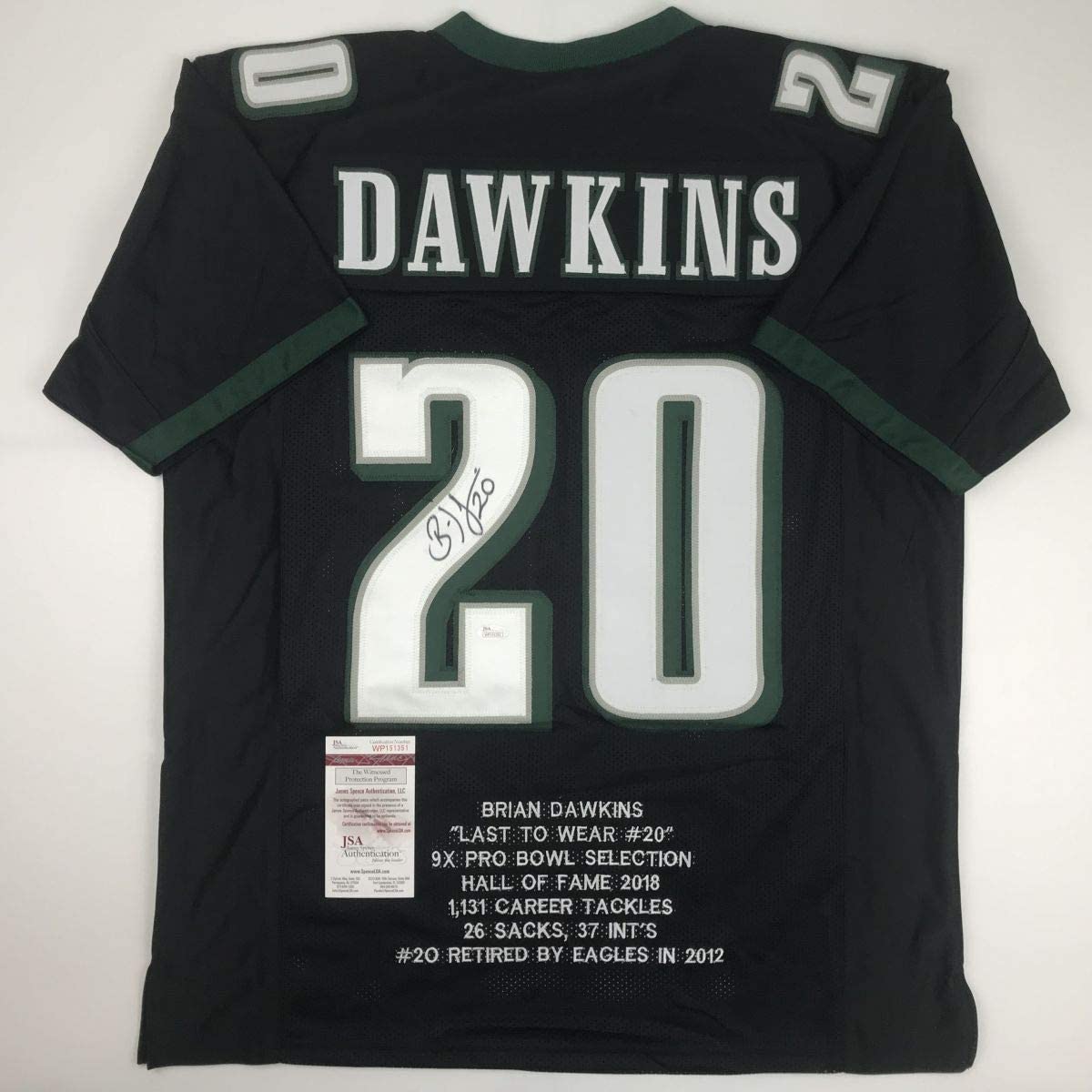 Autographed/Signed Brian Dawkins Philadelphia Black Stat Football Jersey JSA COA