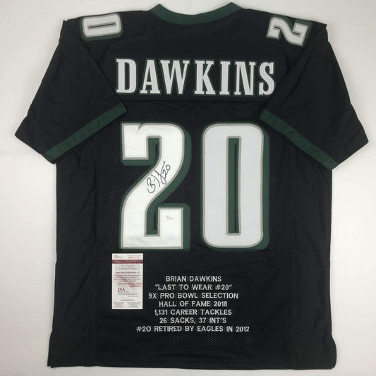 Autographed/Signed Brian Dawkins Philadelphia Black Stat Football Jersey JSA COA