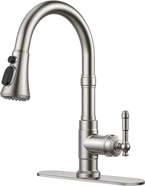 FORIOUS Vintage Kitchen Faucets with Pull Down Sprayer, Brushed Nickel High Arc Single Handle Stainless Steel Transitional Pull Out Sink Faucet for Farmhouse Camper Rv Bar, Fit for 1 or 3 Hole