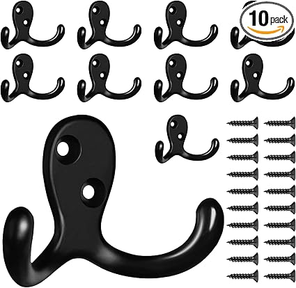 10 Pack Coat Hooks Wall Hooks for Hanging, Heavy Duty Double Prong Metal Hook Wall Mounted for Living Room, Bathroom, Kitchen, Bedroom for Coat, Bag, Scarf, Towel, Hat, Key, Cup (Black)