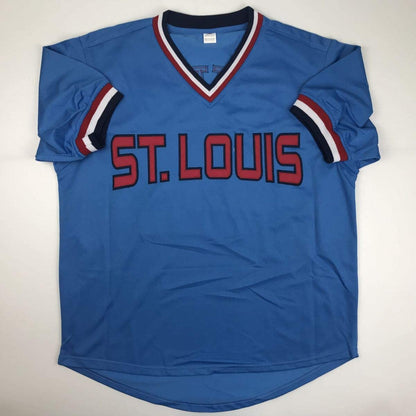 Autographed/Signed Bruce Sutter HOF 06 St. Louis Blue Baseball Jersey JSA COA