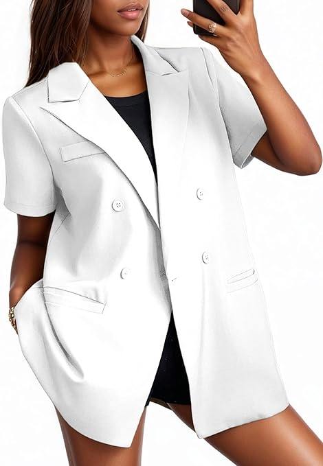 2025 Women's Summer Short Sleeve Blazer Oversize Lightweight Double Breasted Trendy Casual Work Suit Jacket Pockets