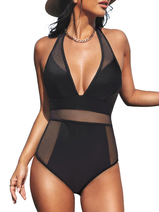 CUPSHE Women's One Piece Swimsuit Plunge Neck Mesh Halter Back Tie Swimwear M, Black