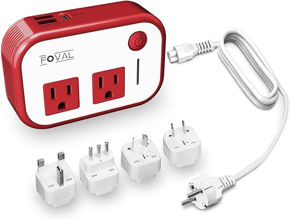 220V to 110V Travel Voltage Converter - FOVAL [Upgraded 18W USB-C] International Power Step Down Converter for Hair Straightener/Curler Outlet Voltage Converter US to Europe Italy UK AU Plug Adapter