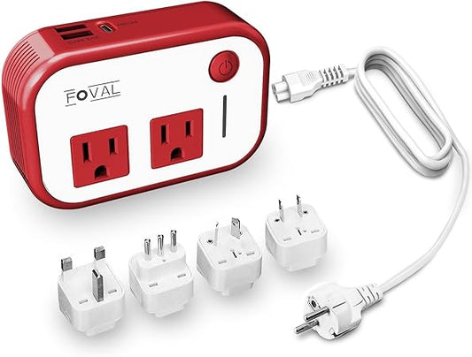 220V to 110V Travel Voltage Converter - FOVAL [Upgraded 18W USB-C] International Power Step Down Converter for Hair Straightener/Curler Outlet Voltage Converter US to Europe Italy UK AU Plug Adapter