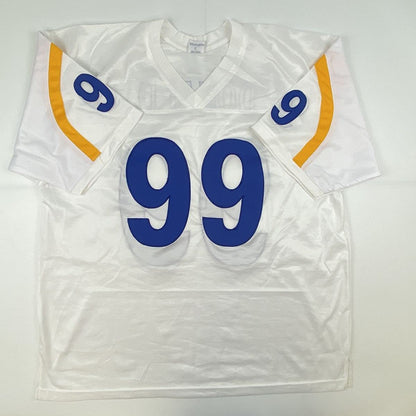 Autographed/Signed Aaron Donald Los Angeles LA White Football Jersey JSA COA