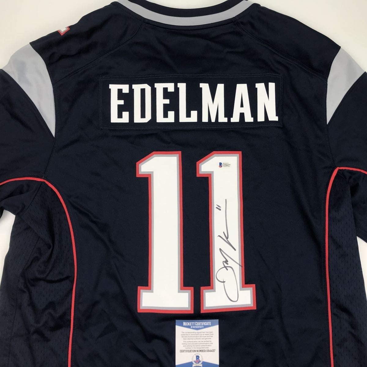 Autographed/Signed Julian Edelman New England Blue Nike Football Jersey Beckett BAS COA