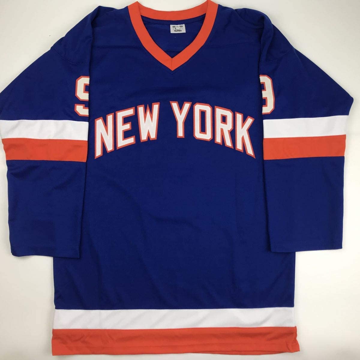 Autographed/Signed Clark Gillies HOF 02 New York Blue Hockey Jersey JSA COA