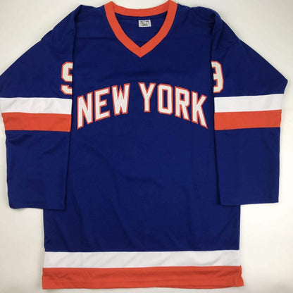 Autographed/Signed Clark Gillies HOF 02 New York Blue Hockey Jersey JSA COA