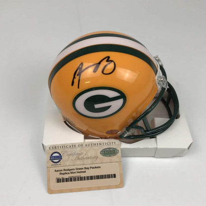 Autographed/Signed Aaron Rodgers Green Bay Packers Football Mini Helmet Steiner Sports COA