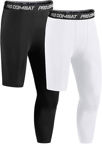Niksa 1/2 Pack Men's Compression Pants, 3/4 One Leg Compression Tights Men Basketball Leg Sleeve Athletic Base Layer Leggings