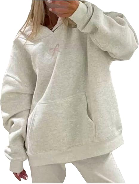 Embroidered Bow Hoodie For Women Trendy Preppy Sweatshirts Aesthetic Cute A Pink Puff Hoodie Casual Essential Sweater