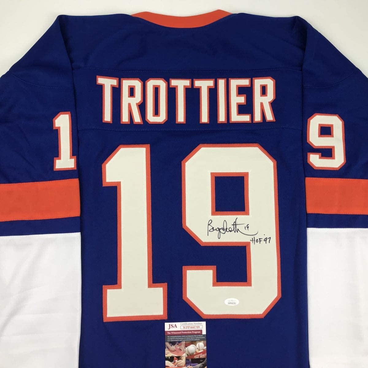 Autographed/Signed Bryan Trottier HOF 97 New York Blue Hockey Jersey JSA COA