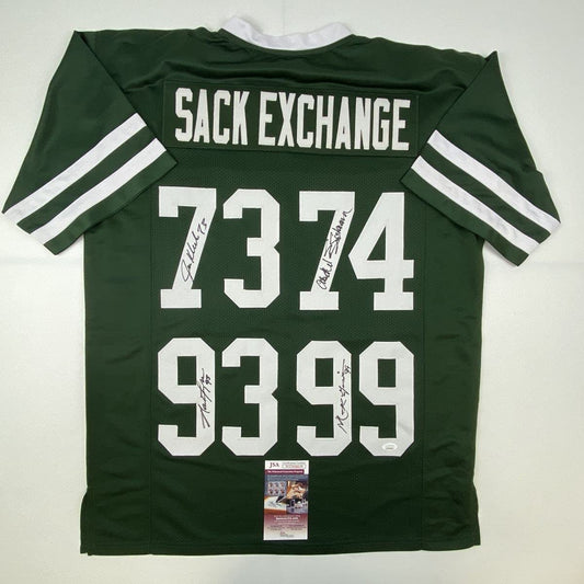 Autographed/Signed NY Sack Exchange Mark Gastineau, Joe Klecko, Marty Lyons & Abdul Salaam New York Green Football Jersey JSA COA