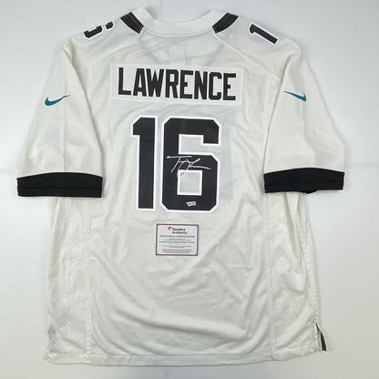 Autographed/Signed Trevor Lawrence Jacksonville Jaguars White Nike Game Football Jersey Fanatics COA