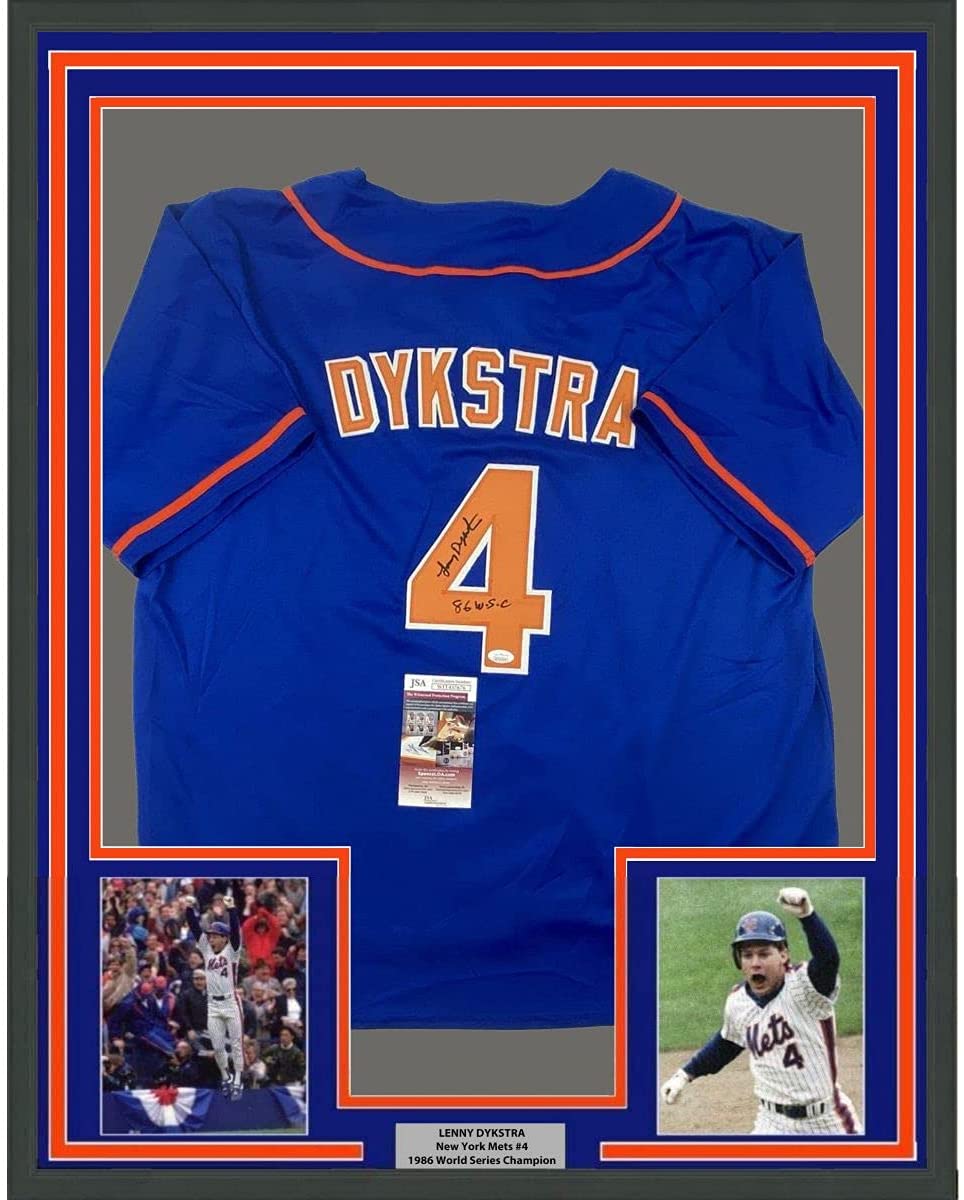 Framed Autographed/Signed Lenny Dykstra 35x39 86 WS Champs New York Blue Baseball Jersey JSA COA