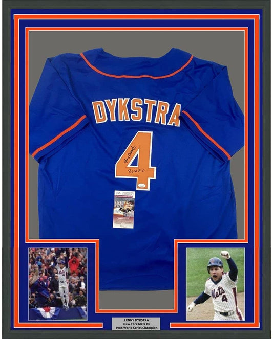 Framed Autographed/Signed Lenny Dykstra 35x39 86 WS Champs New York Blue Baseball Jersey JSA COA