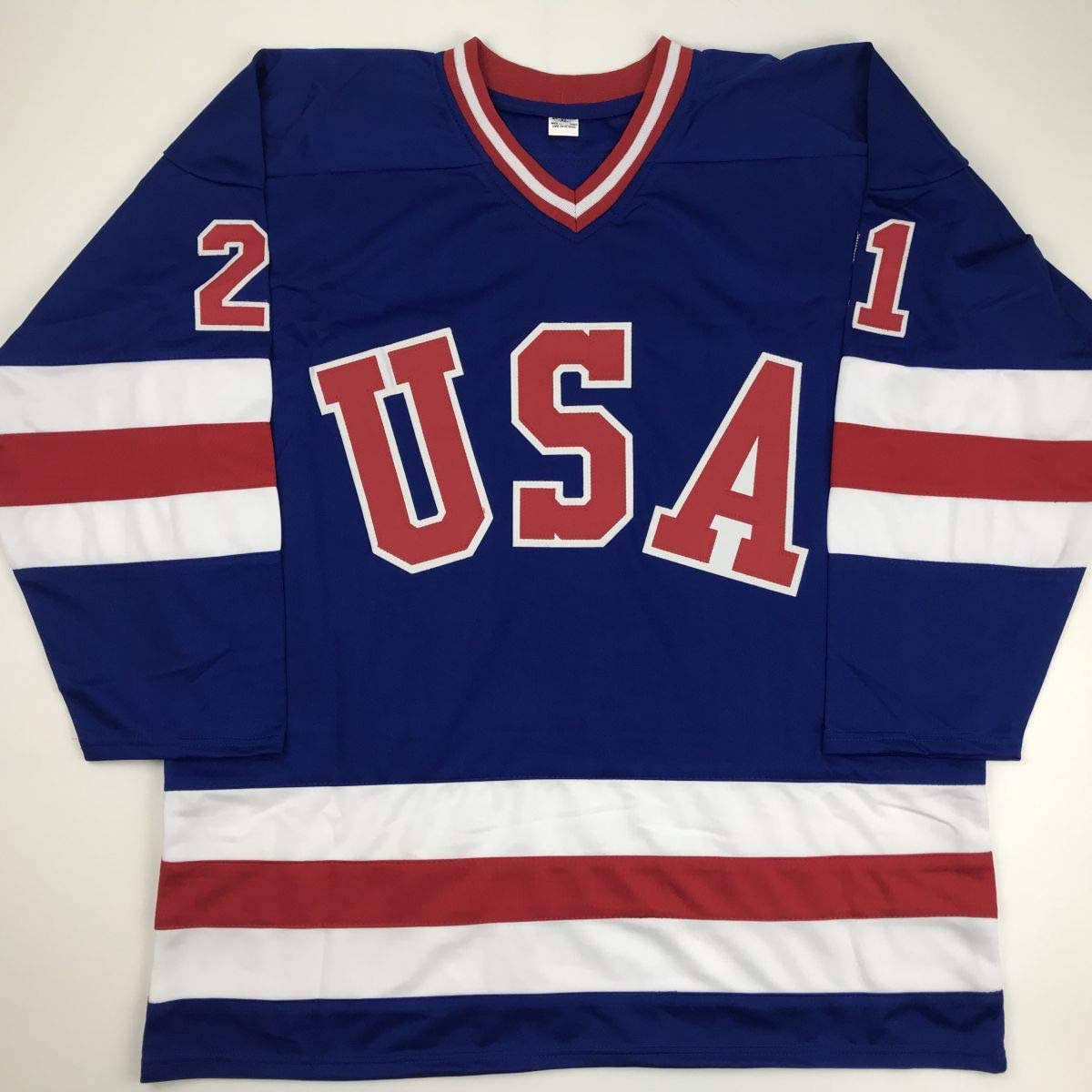 Autographed/Signed Mike Eruzione Blue Team USA Miracle On Ice 1980 Hockey Jersey JSA COA
