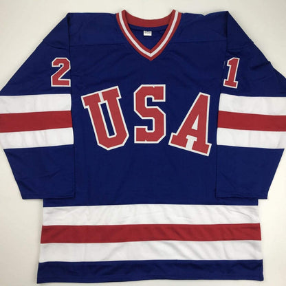 Autographed/Signed Mike Eruzione Blue Team USA Miracle On Ice 1980 Hockey Jersey JSA COA