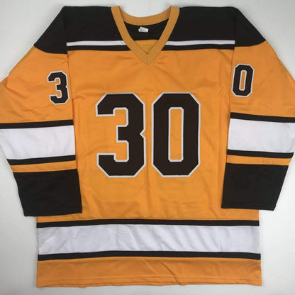 Autographed/Signed Gerry Cheevers HOF 85 Boston Yellow Hockey Jersey JSA COA