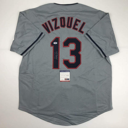 Autographed/Signed Omar Vizquel Cleveland Grey Baseball Jersey PSA/DNA COA