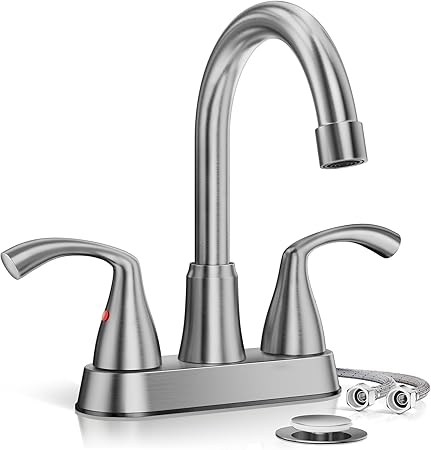 Phiestina Centerset 4 Inch 2 or 3 Holes Brushed Nickel Bathroom Faucet, Vanity Sink Faucet with 360 Swivel Spout, Metal Pop-up Drain and Water Supply Lines, JC180-BN