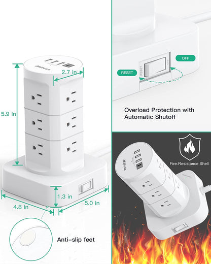 Surge Protector Power Strip Tower, 12 Widely Outlets 4 USB Ports (1 USB C) 6ft