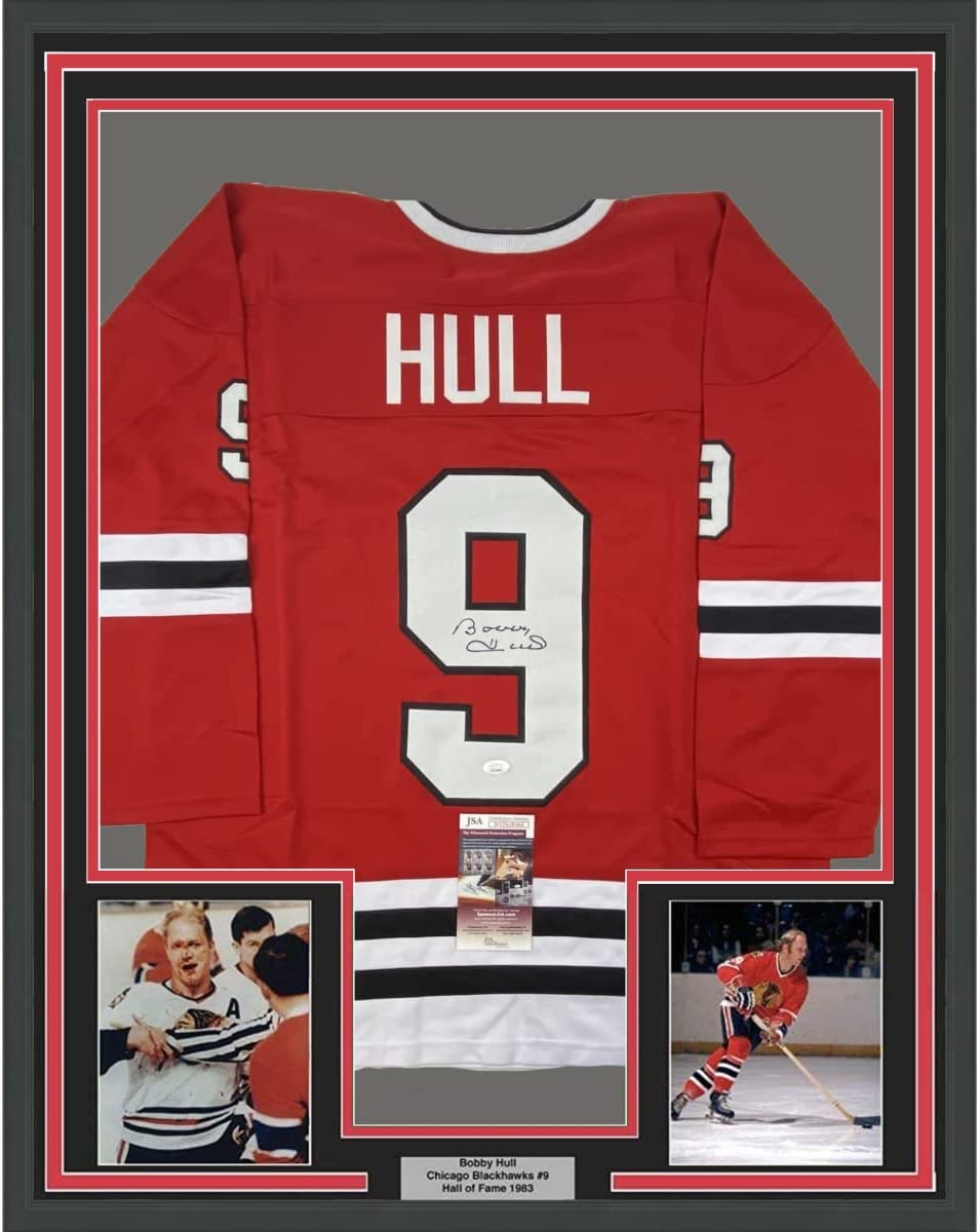 Framed Autographed/Signed Bobby Hull 35x39 Chicago Red Hockey Jersey JSA COA