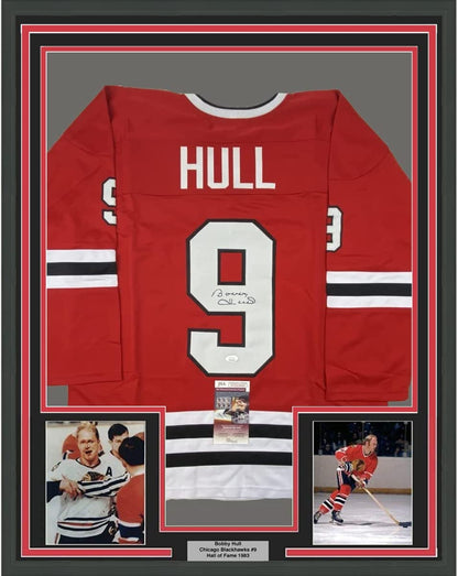 Framed Autographed/Signed Bobby Hull 35x39 Chicago Red Hockey Jersey JSA COA