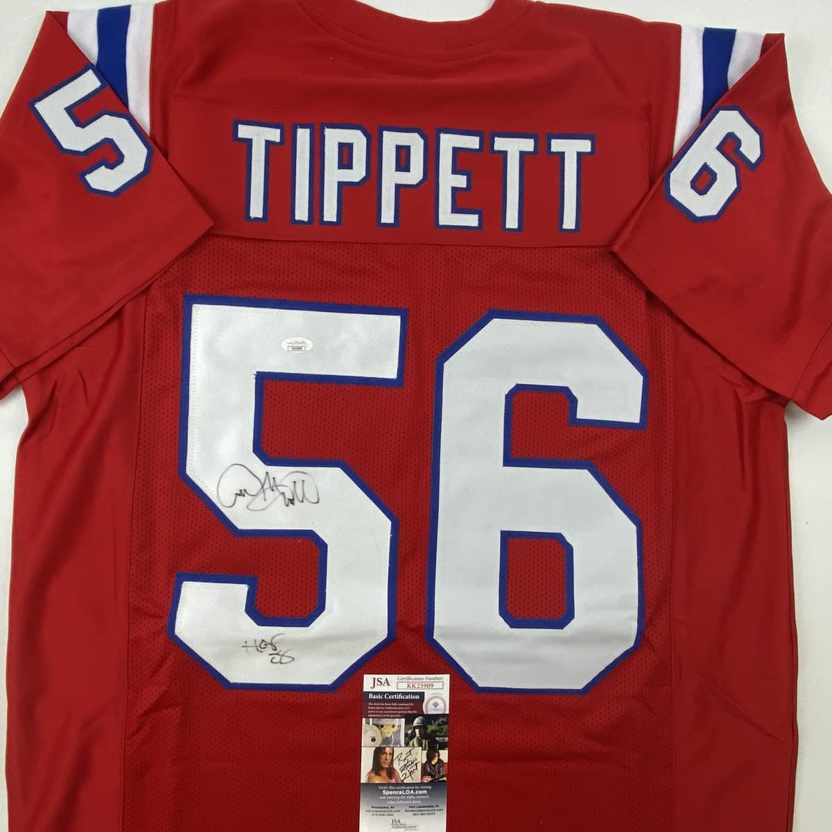 Autographed/Signed Andre Tippett HOF 08 New England Red Football Jersey JSA COA