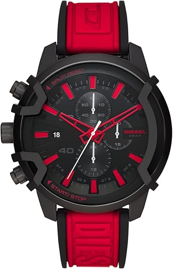 Diesel Griffed Stainless Steel and Silicone Chronograph Men's Watch, Color: Black, Red (Model: DZ4530)