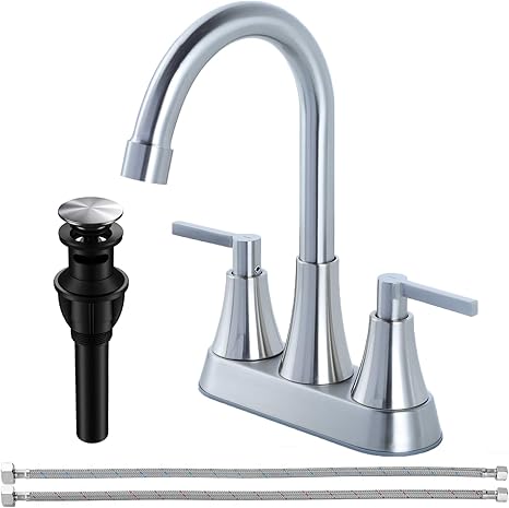 SHACO 4 inch Bathroom Faucets for Sink 3 Hole, Brushed Nickel with Pop-up Drain and 2 Supply Hoses, Stainless Steel 2-Handle Centerset Faucet for Sink Vanity RV