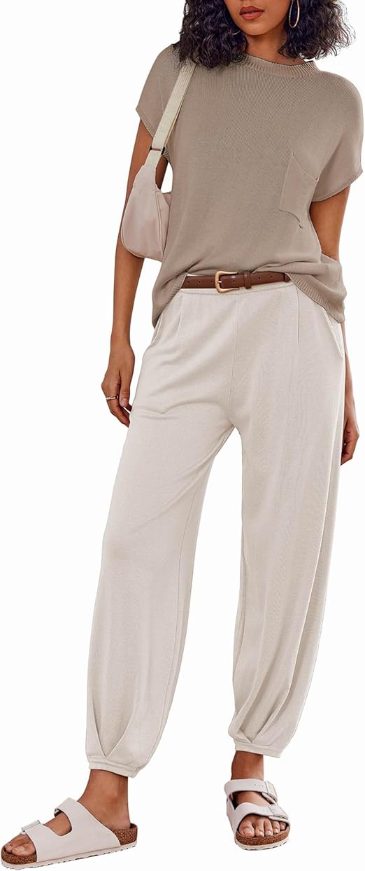 Ekouaer Women's 2 Piece Lounge Set Cap Sleeve Tops and Jogger Pants Knit Pajama Sweatsuit S-XXL