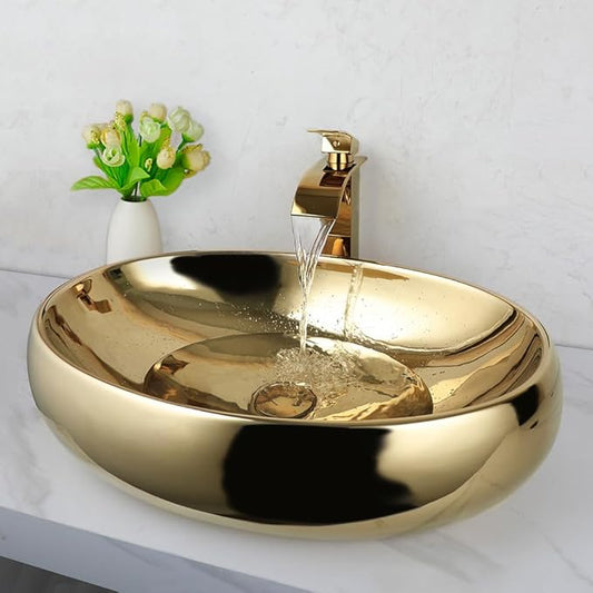 23 Inch Bathroom Vessel Sink with Waterfall Faucet and Pop-Up Drain Combo, Gold Ceramic Sink Bowl Modern Vessel Sink Above Counter Oval Bathroom Sink Basin