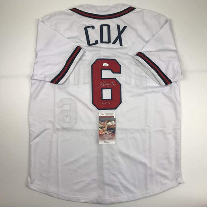 Autographed/Signed Bobby Cox HOF 14 Atlanta White Baseball Jersey JSA COA