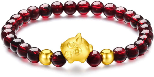 24K Solid Gold Bracelet Real Pure Gold Gourd Pig Flower Garnet Beaded Bracelet Dainty Jewelry for Women Her Anniversary Birthday
