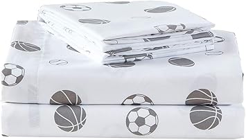 Chezmoi Collection 4-Piece Kids/Teens Sports Sheet Set - Soft Microfiber White Gray Baseball Basketball Football Soccer, Queen Size