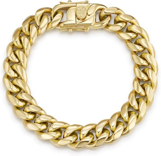 14K Gold Plated Miami Cuban Link Bracelet for Men, 12MM 316L Stainless Steel Chain for Women, Gift for Christmas Valentine's Day(Delicate Packing, Double Safety Clasp)