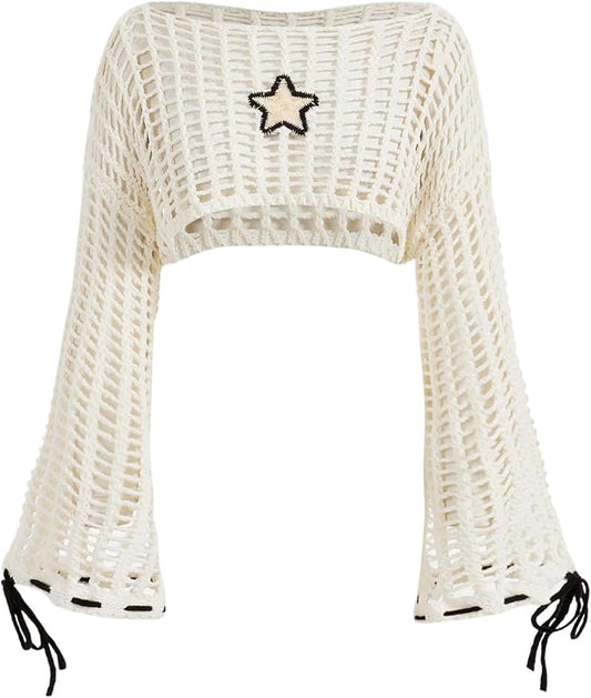 Verdusa Women's Hollow Out Sheer Crop Tops Bell Sleeve Crochet Sweater Cover Up