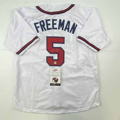 Autographed/Signed Freddie Freeman Atlanta White Baseball Jersey Lojo Exclusive COA