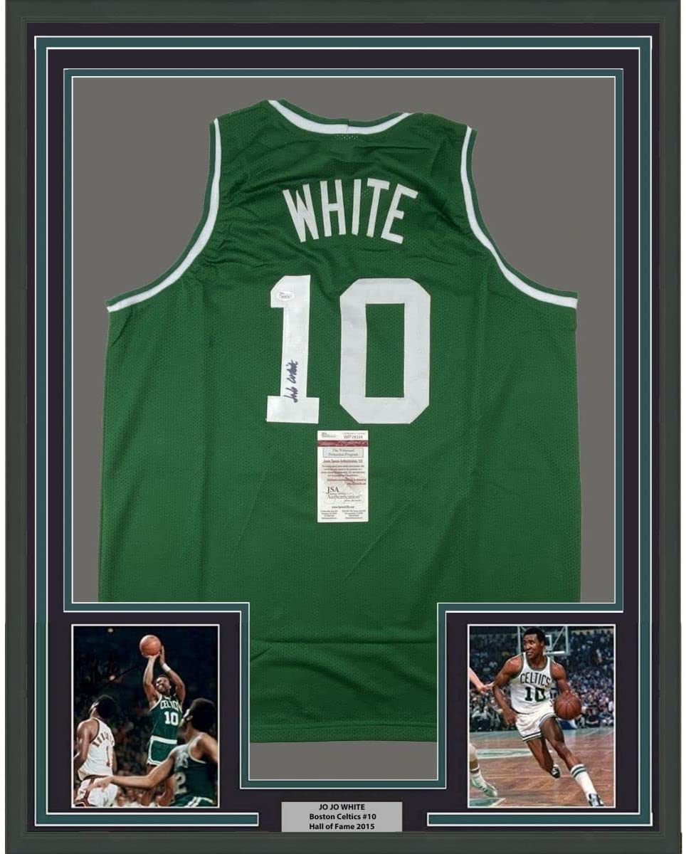 Framed Autographed/Signed Jo Jo JoJo White 35x39 Boston Green Basketball Jersey JSA COA