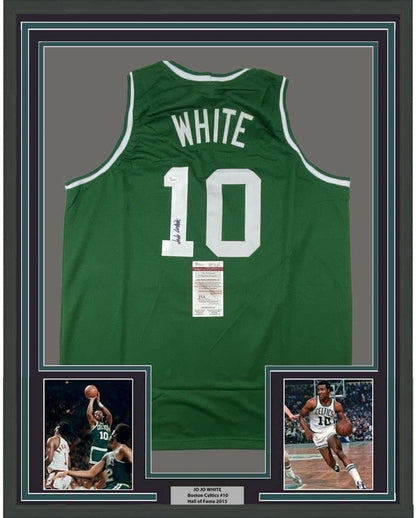 Framed Autographed/Signed Jo Jo JoJo White 35x39 Boston Green Basketball Jersey JSA COA