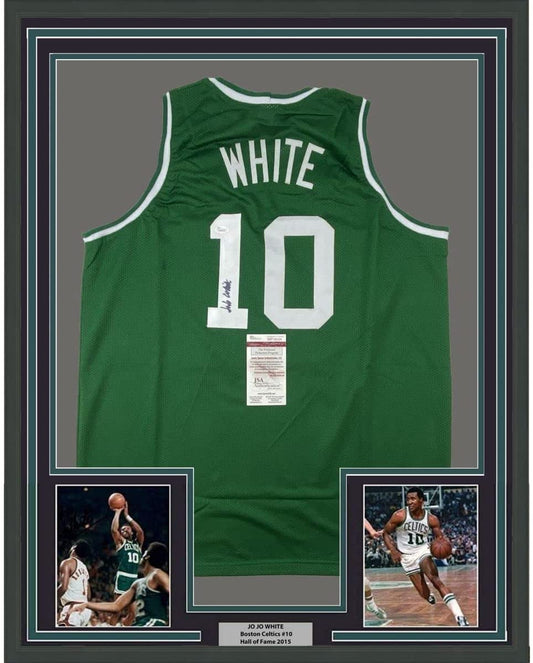 Framed Autographed/Signed Jo Jo JoJo White 35x39 Boston Green Basketball Jersey JSA COA