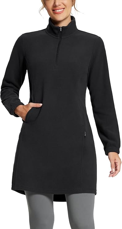 BALEAF Women's Polar Fleece Dress Long Vest Sweatshirt Tunic Dress Quarter Zip Pullover Winter Outfits Pocket