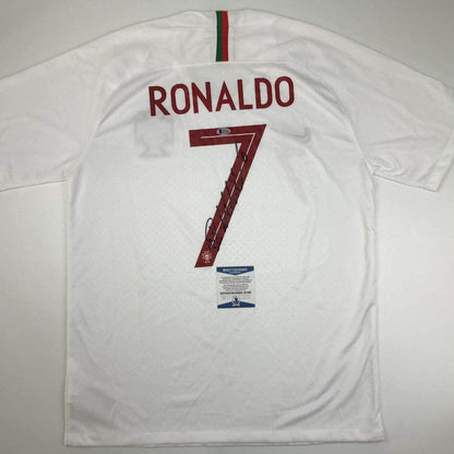 Autographed/Signed Cristiano Ronaldo Portugal White World Cup Soccer Futbol Jersey Beckett BAS COA