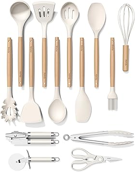 Cooking Utensil Set, Silicone Kitchen Utensils Set 14Pcs, 446¥�F Heat Resistance Non-Stick Cooking Tools Spatula Set with Wooden Handle, Kitchen Utensil Gadgets Tools Set for Cookware