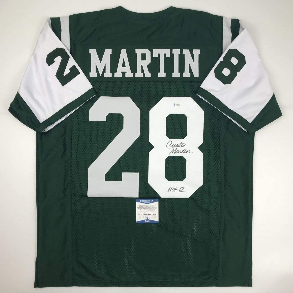 Autographed/Signed Curtis Martin HOF 12 New York Green Football Jersey Beckett BAS COA